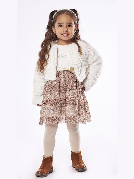Mädchenkleid Kurzärmelig Tüll Tierdruck Set aus 2 mit Mantel Weiß