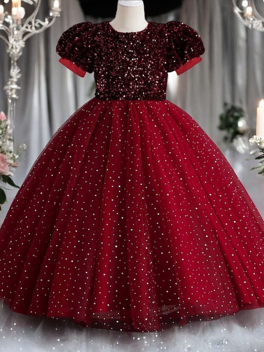 Rochie pentru Copii Mâneca scurta cu Paiete Bordeaux