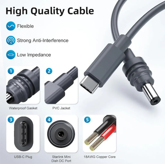 Καλώδιο Τροφοδοσίας Power Cable Usb-c To Dc Starlink Mini 100w Usb Type-c Input To Barrel Jack Charging 65w 5.5mm*2.1mm Starlink Mini Waterproof Cable 50ft/15m Κωδ.1-per0102