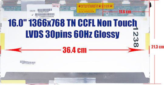 Οθόνη 16" 1366x768 Glossy 30 Pin για Laptop '''' 1238