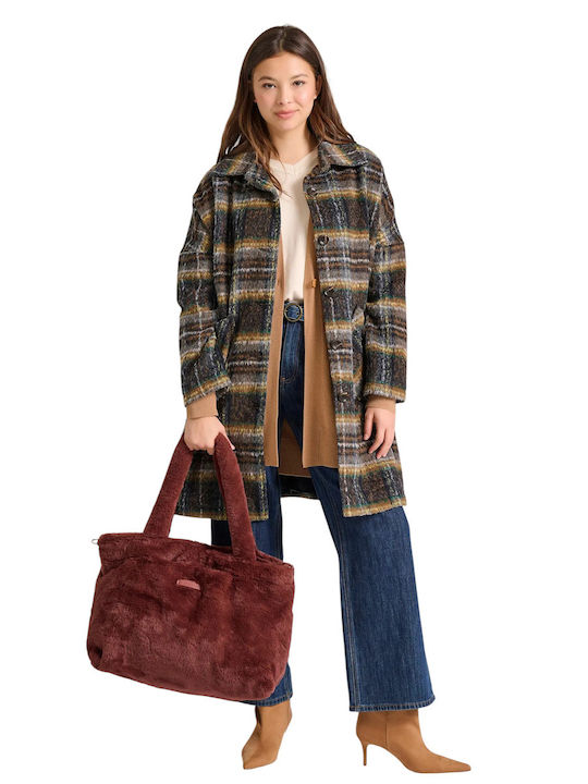 Wool Women's Checked Brown Coat Oversized with Buttons