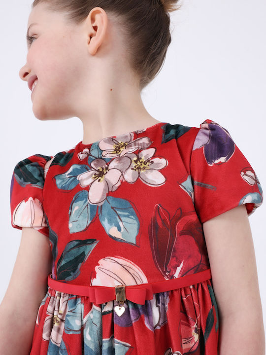 Children's Dress Short Sleeve Velvet Floral Red