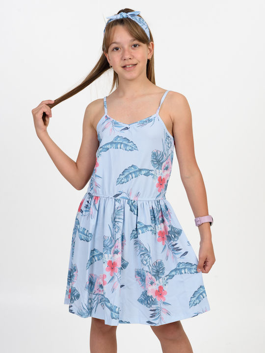 Mädchenkleid Ärmellos Blumen Set aus Zubehör Hellblau