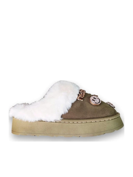 Winter Women's Slippers with Fur Green