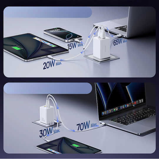 Baseus Φορτιστής Χωρίς Καλώδιο GaN με Θύρα USB-A και 2 Θύρες USB-C 100W Power Delivery / Quick Charge 3.0 Λευκός (EnerFill FE11)
