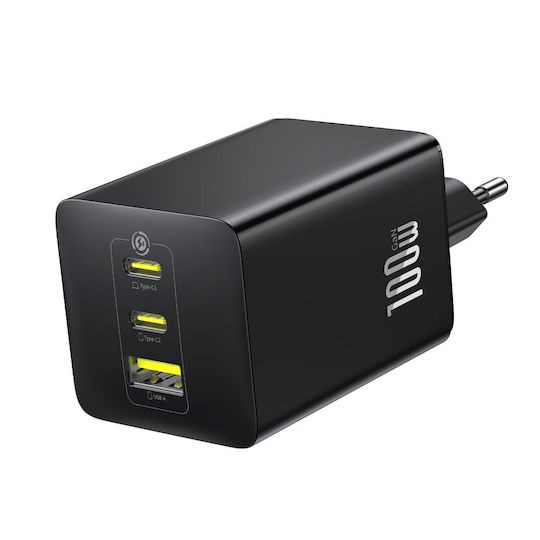 Baseus Φορτιστής Χωρίς Καλώδιο GaN με Θύρα USB-A και 2 Θύρες USB-C 100W Power Delivery / Quick Charge 3.0 Μαύρος (EnerFill FE11)