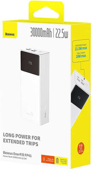 Baseus EnerFill FP41 Power Bank 30000mAh 22.5W cu 2 Porturi USB-A și Port USB-C Alb