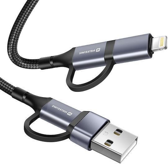 Swissten 4-in-1 Interchangeable Usb-c To Usb-a Lightning 60w 1.5m Cable Black