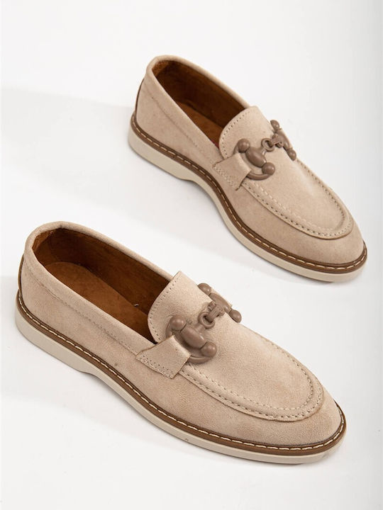 Leather Women's Loafers in Beige Color