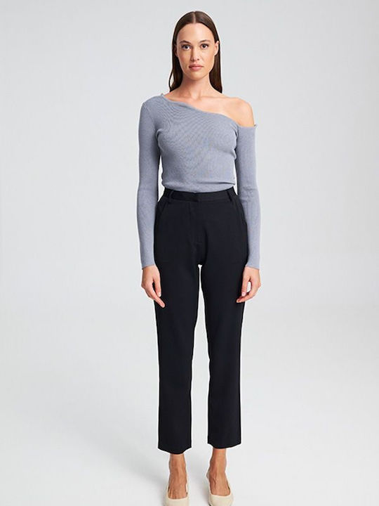 Brit Dama Tesatura Pantaloni cu Croială Dreaptă Black