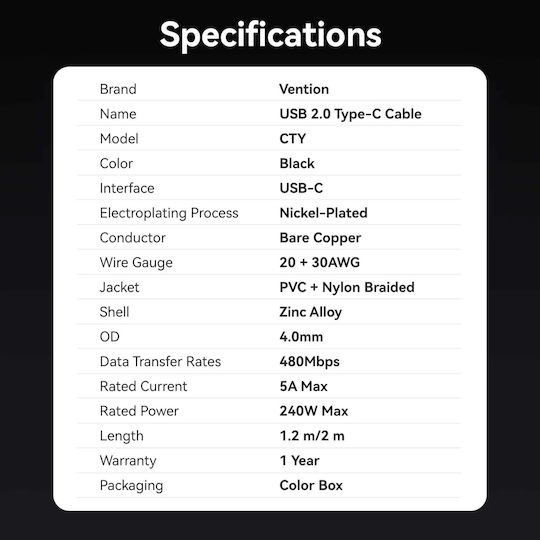 Vention Vention USB 2.0 Cable USB-C Male - USB-C 240W PD Black 1.2m