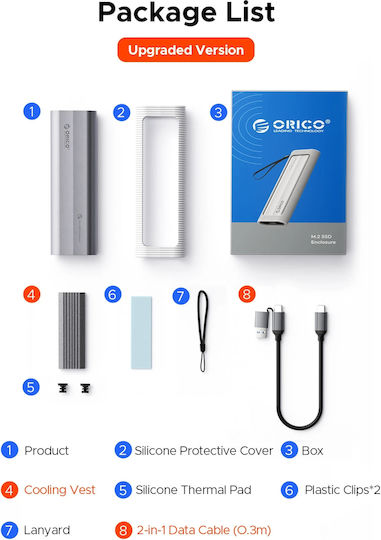 Orico Case for Hard Drive M.2 SATA III with Connection SATA USB 3.2 USB 3.1 USB 3.0 Type-C Silver