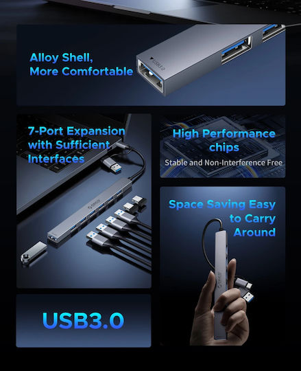 Orico Хъб 5 Порта USB 3.0 с Връзка USB-A / USB-C Сив