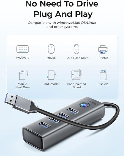 Orico Hub 4 Θυρών USB 3.0 με σύνδεση USB-A Γκρι