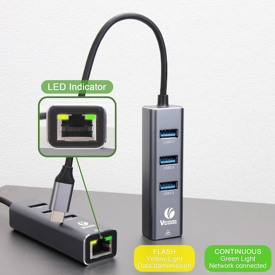 Vcom Dh311b Docking Station Usb-c To 3x Usb-a 1x Rj45 Gray