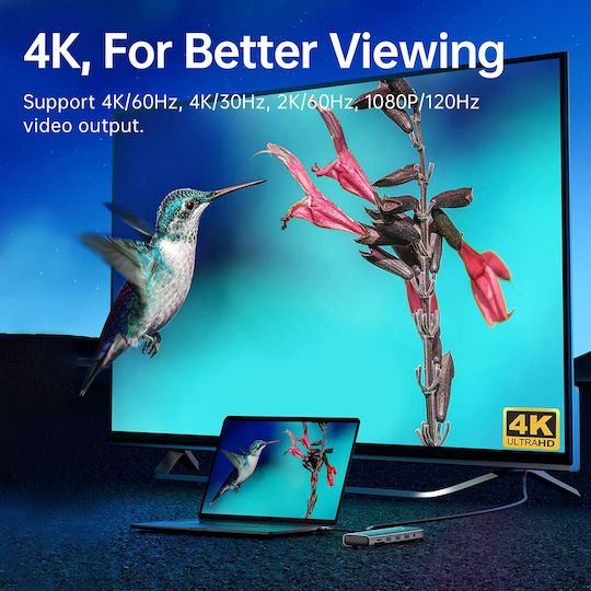 Orico USB-C Докинг станция с HDMI 4K PD Ethernet Сив (PW11-8PC-GY-EP)