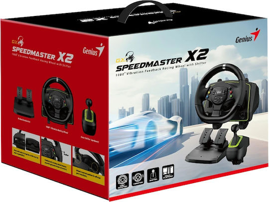 Genius SpeedMaster X2 Wireless Steering Wheel with Shifter and Pedals for PC / PS3 / PS4 / XBOX 360 / XBOX One / Xbox Series X/S with 1080° Rotation