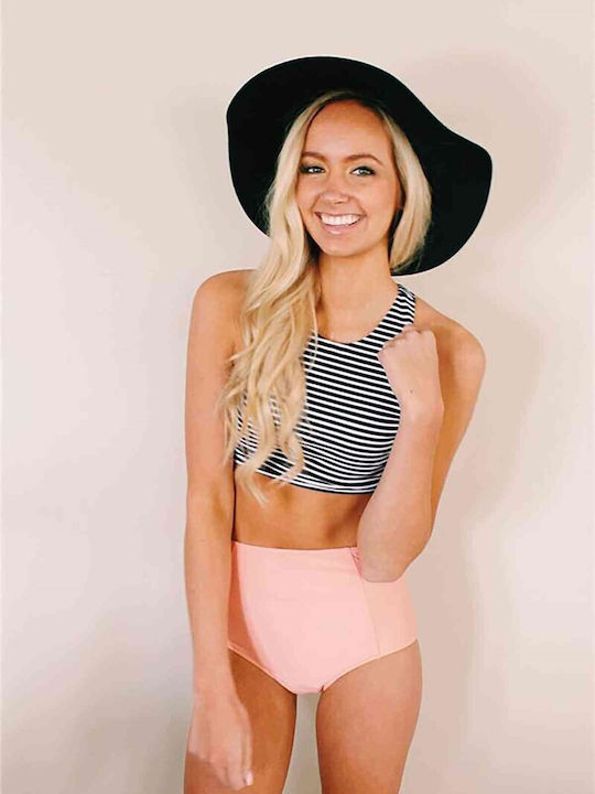 Set Bikini Μπουστάκι Ριγέ Ασπρόμαυρο Και Ροζ