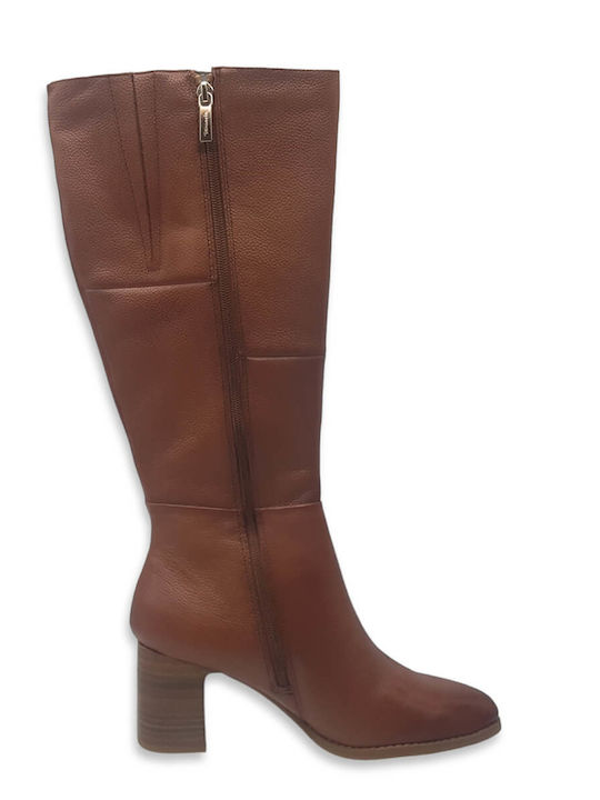 Leder Damenstiefel mit mittlerem Absatz Tabac Braun