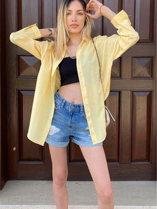 Дълъг ръкав Женска Лен Риза Yellow