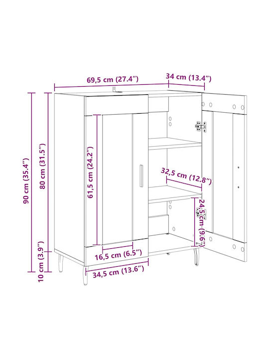 Floor-standing Living Room Display Cabinet made of Particleboard with Glass Brown 69.5x34x90cm