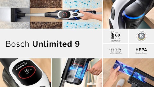 Bosch Unlimited 9 Επαναφορτιζόμενη Σκούπα Stick Μαύρη