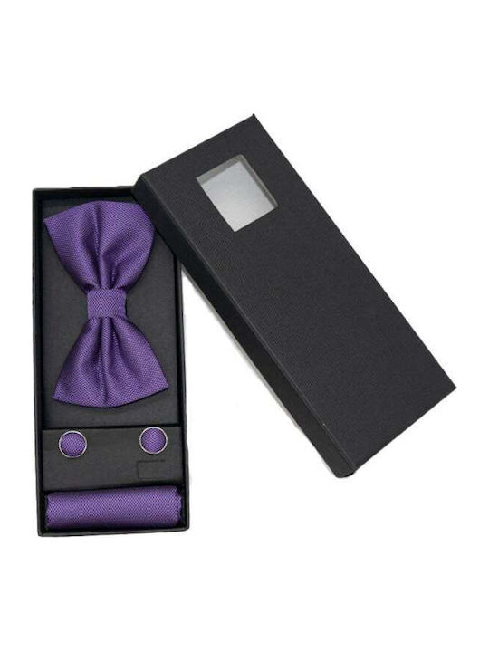 3-teiliger Eleganter Set Herren Fliegen Manschettenknöpfe Einstecktuch Aus Stoff Lila Eg011