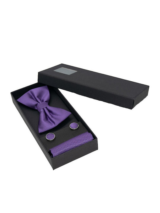 3-teiliger Eleganter Set Herren Fliegen Manschettenknöpfe Einstecktuch Aus Stoff Lila Eg011