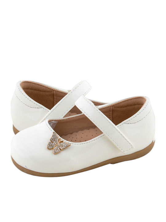 Kids Anatomic Patent Leather Ballerinas with Hoop & Loop Closure White