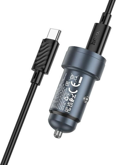 Hoco Автомобилен Зарядно Устройство 30W 3A Бързо Зареждане с Портове 1xUSB-A 1xType-C с Type-C Кабел Черен Цвят