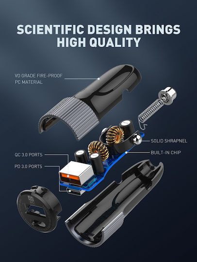 Ldnio C510Q Car Charger 38W 3A with Ports 1xUSB-A 1xType-C with mini-USB Cable Black Color