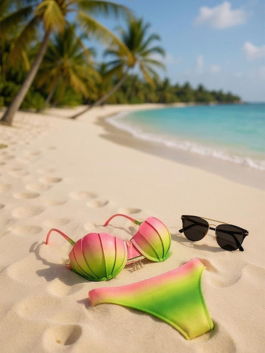 Set Bikini Push Up Șir Talie Înaltă Verde/Roz