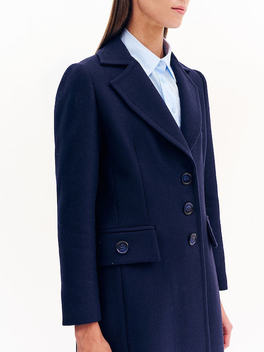 Blauer Damen-Wollmantel mit Knöpfen
