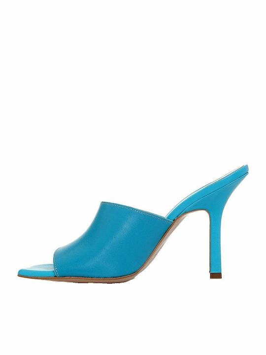 Leather Mules with Thin High Heel in Blue Color