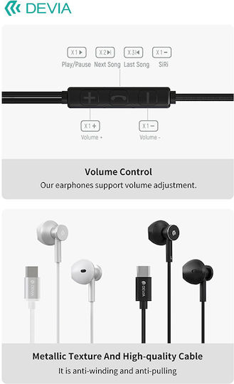Devia NO-DVHF-108790 In-ear Handsfree Ακουστικά με Βύσμα USB-C Μαύρο