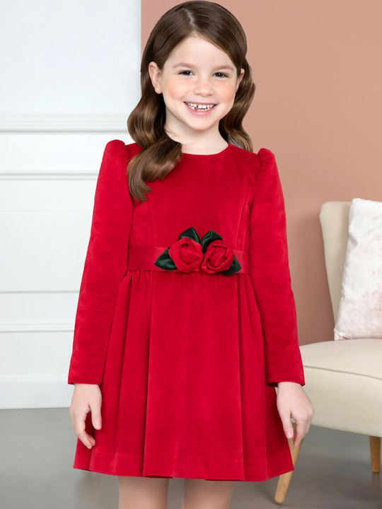 Mädchenkleid Langärmelig Samt Set aus 2 mit Zubehör Rot