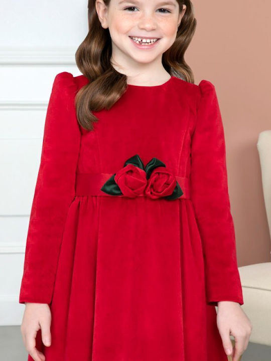 Mädchenkleid Langärmelig Samt Set aus 2 mit Zubehör Rot