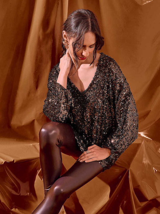 Celestino Γυναικεία Μπλούζα Oversized Παγιέτες Loose Fit Καφέ