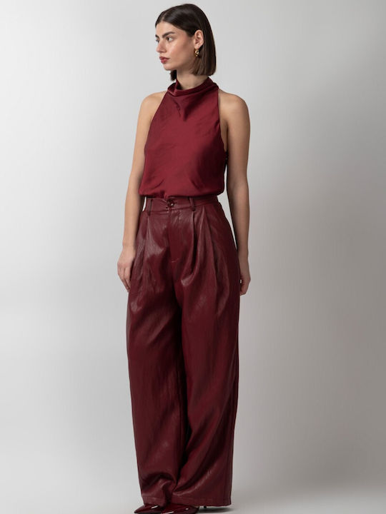 Women's Blouse Satin Sleeveless Drape Bordeaux