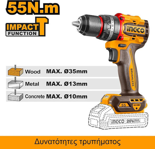 Ingco CIDLI205581 Κρουστικό Δραπανοκατσάβιδο Μπαταρίας Solo Brushless 20V