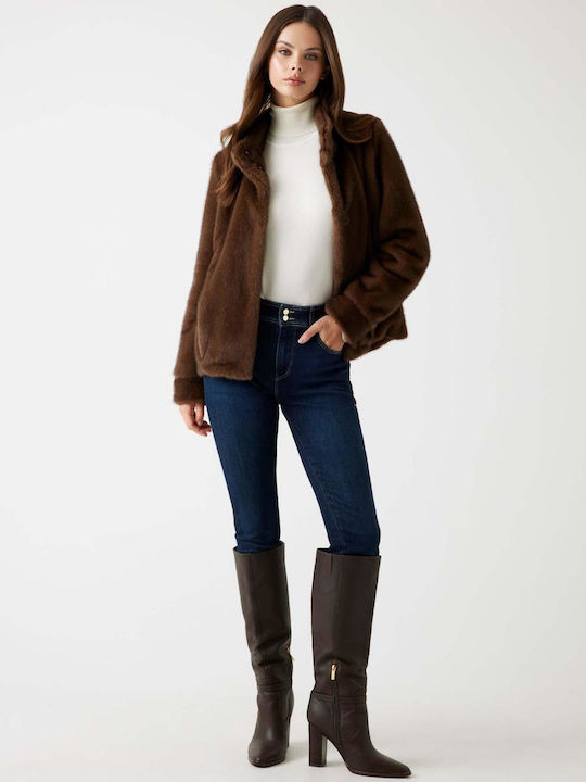 Women's Brown Coat with Fur Details