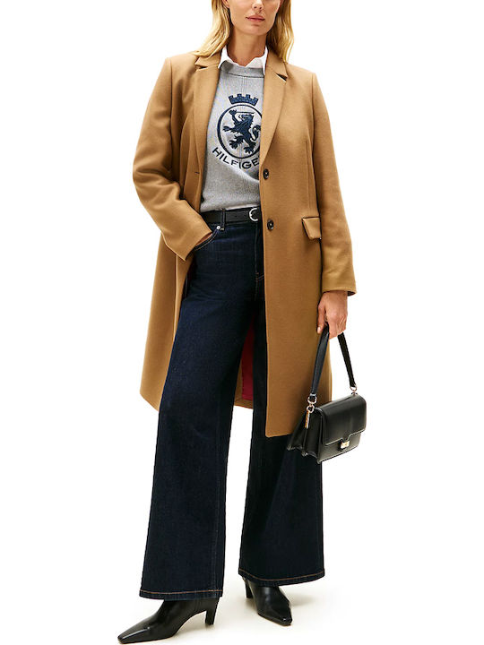 Wool Women's Biege Coat with Buttons
