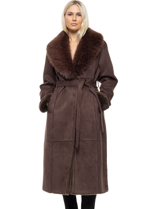 Damen Brown Mantel mit Fellbesatz