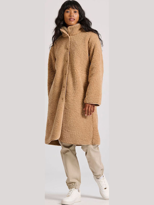Γυναικείο Καφέ Παλτό Teddy Oversized με Γούνινες Λεπτομέρειες