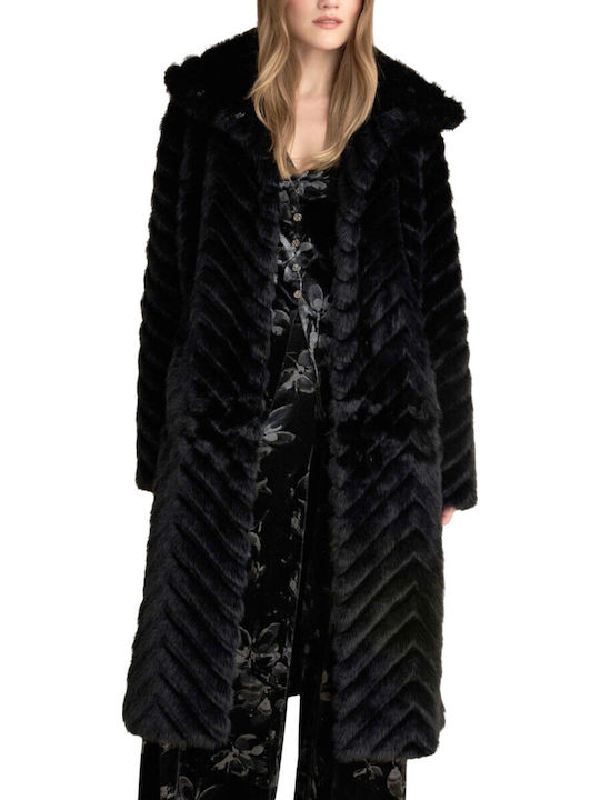 Women's Black Coat with Fur Details