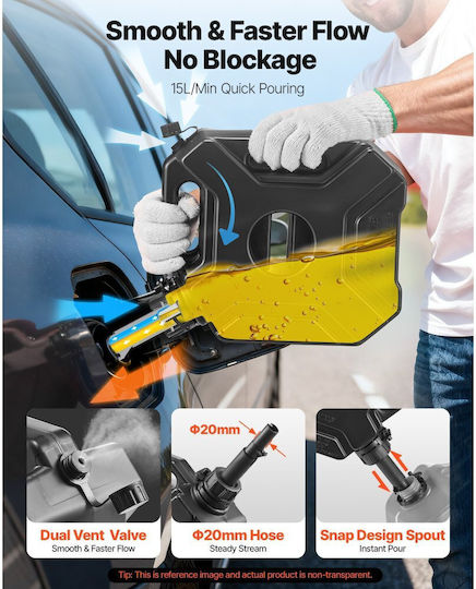 Vevor Fuel Can 5 Liters Gasoline Can Lockable Spout Arm Maximum Flow 15 Liters Per Minute Safe Leakproof Portable Flat Liquid Container For Cars Motorcycles ATV UTV Black