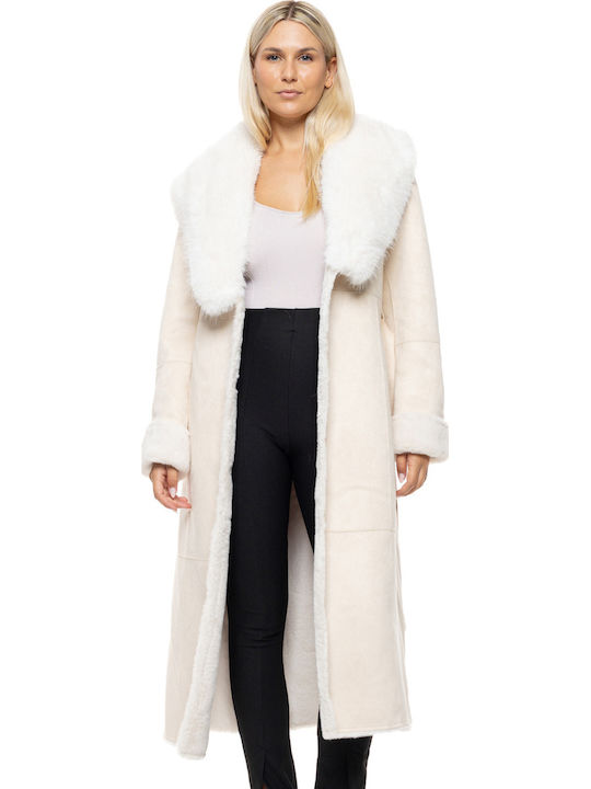 Damen Lt Beige Mantel mit Fellbesatz