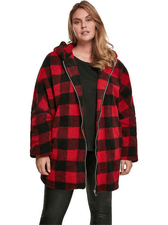 Sherpa Γυναικείο Καρό Κόκκινο Παλτό Oversized με κουκούλα