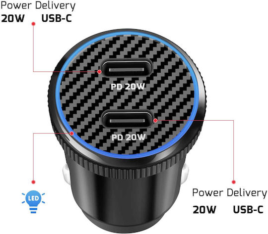 Swissten 20W PD 2-Port USB-C Car Charger Smartphones Tablets USB-C Cable Black