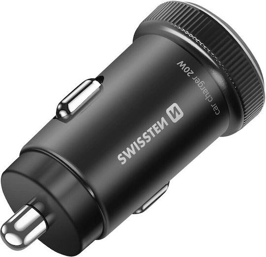 Swissten 20W PD 2-Port USB-C Car Charger Smartphones Tablets USB-C Cable Black